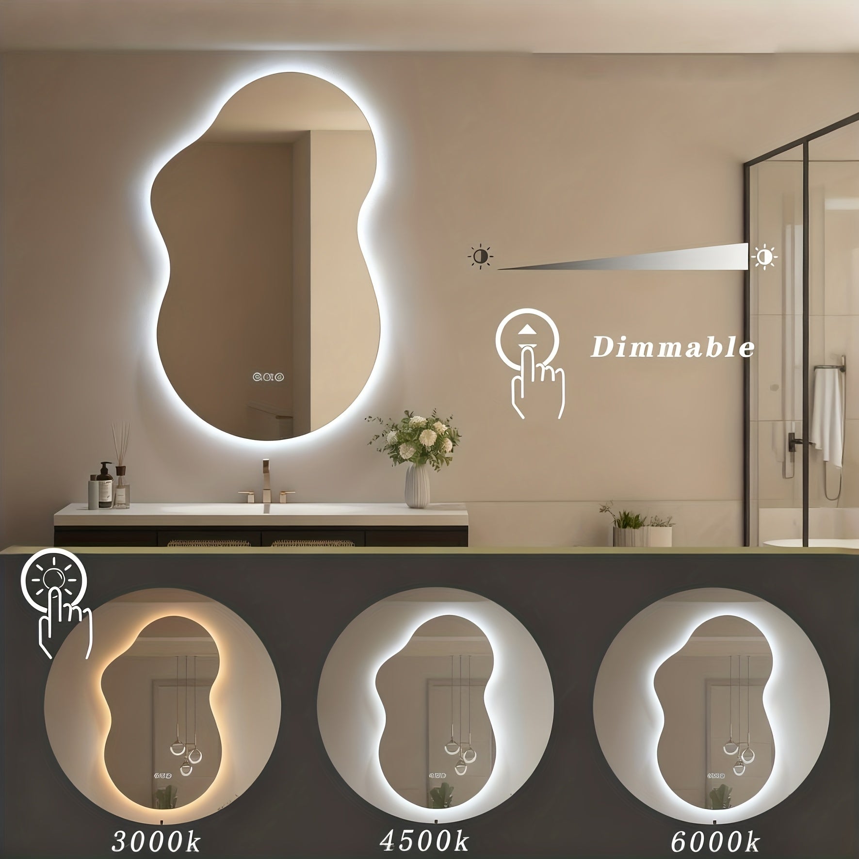 Bathroom with a modern mirror with LED lighting, showing different color temperature options.