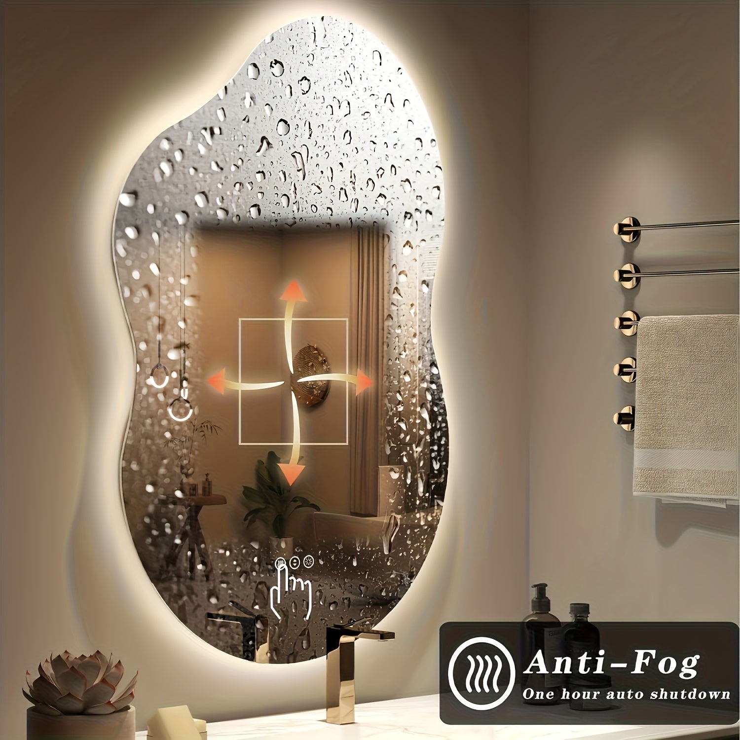 Anti-fog bathroom mirror with water droplets and a control panel in a bathroom setting.