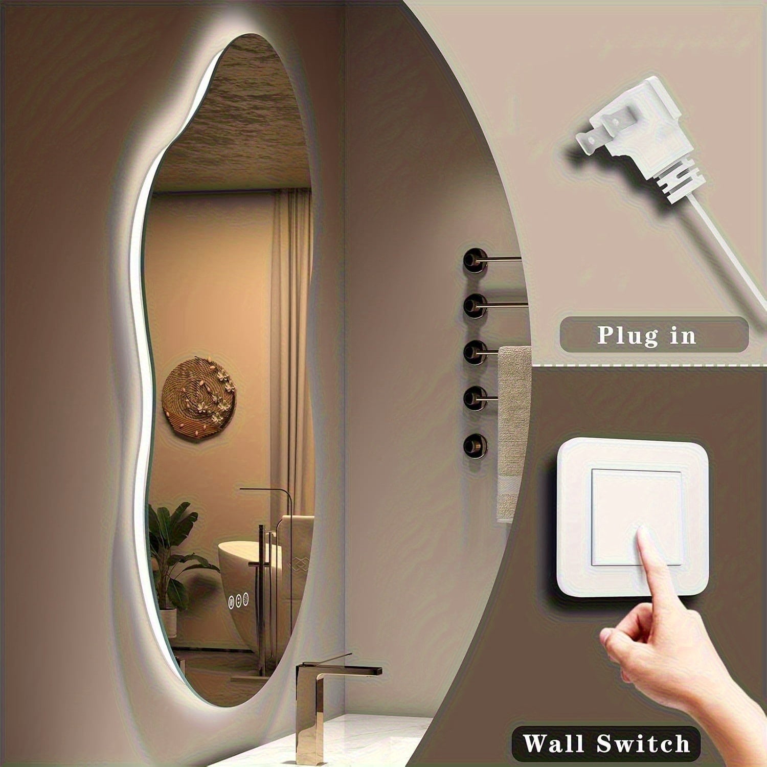 Wall switch with hand pressing it, next to a mirror and bathroom fixtures.