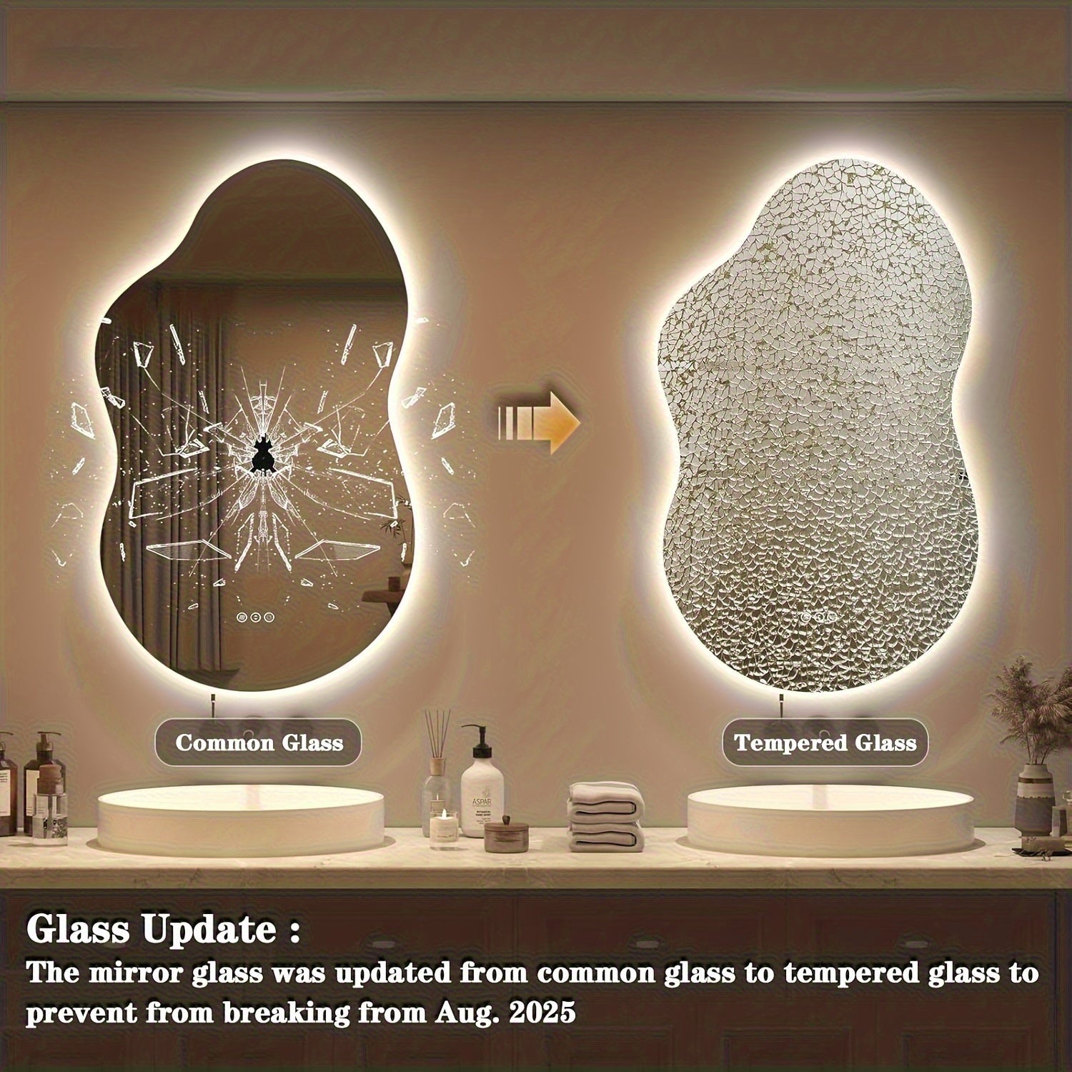 Bathroom vanity with two mirrors, one labeled 'Common Glass' and the other 'Tempered Glass', with text indicating a glass update.