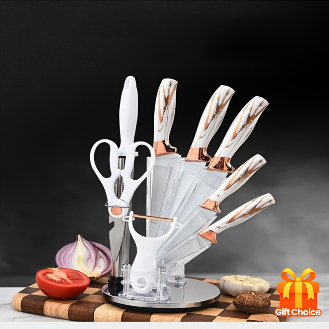 Set of knives with a stand on a dark background, featuring a gift box icon.