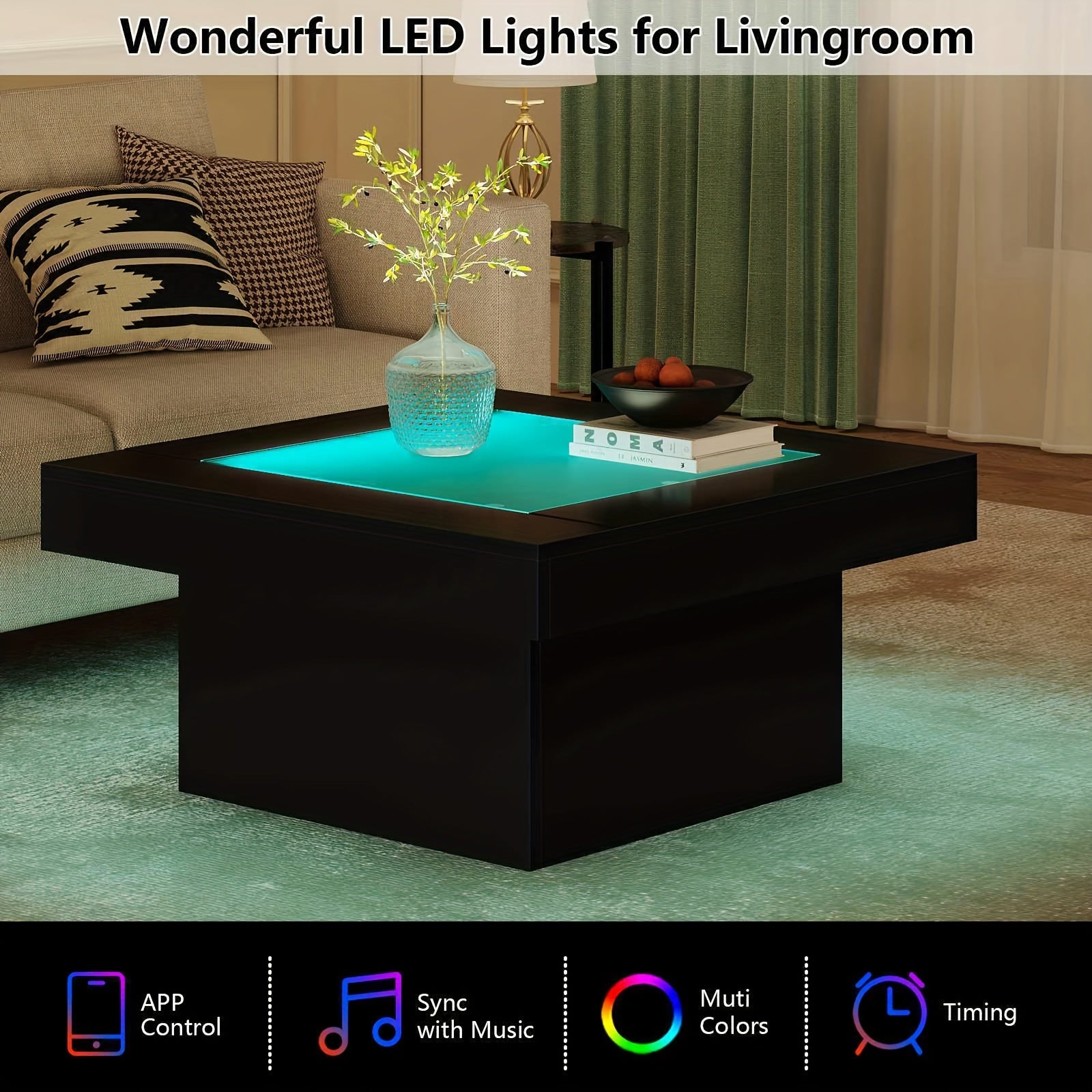 Living room with a coffee table featuring LED lights, surrounded by a couch and decorative items.