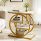 Modern side table with marble top and gold circular frame in a living room setting.