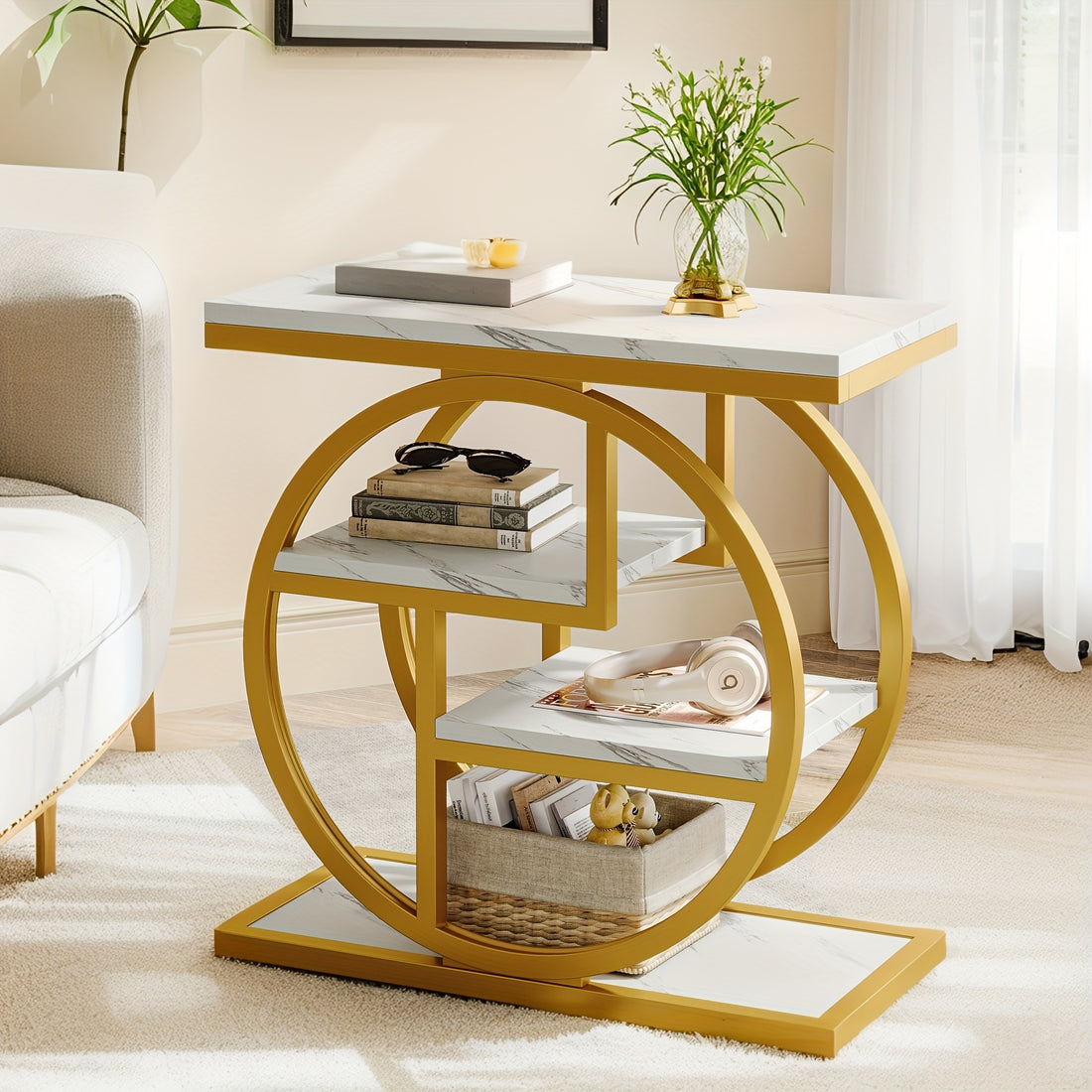 Modern side table with marble top and gold circular frame in a living room setting.