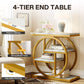 4-tier end table with marble top and gold circular design, shown in a room setting.