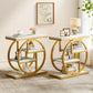 Two decorative console tables with marble tops and gold circular frames in a room setting.