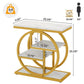 Side table with gold circular frame and white marble top, showing dimensions on a white background.