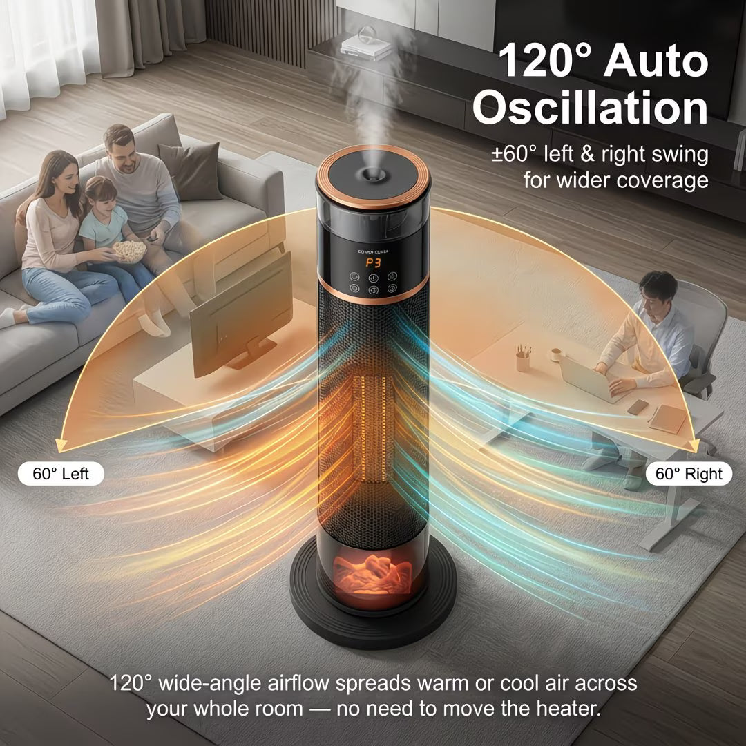 Heater with 120° auto oscillation feature in a living room setting