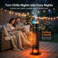 Couple on a patio with a heater emitting heat, surrounded by string lights.
