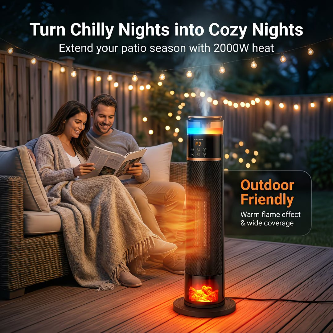 Couple on a patio with a heater emitting heat, surrounded by string lights.