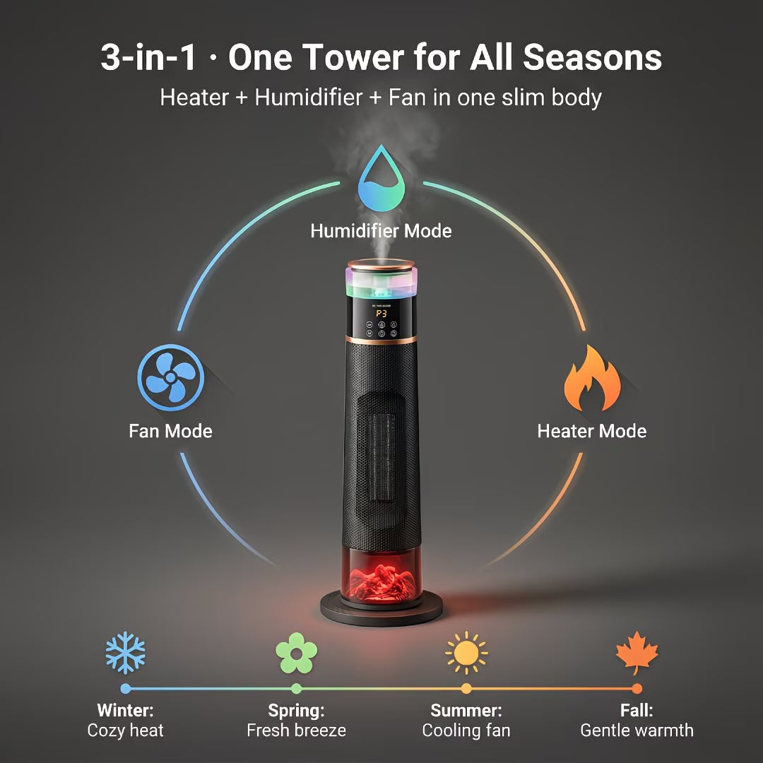 Multifunctional device with heater, humidifier, and fan modes on a dark background