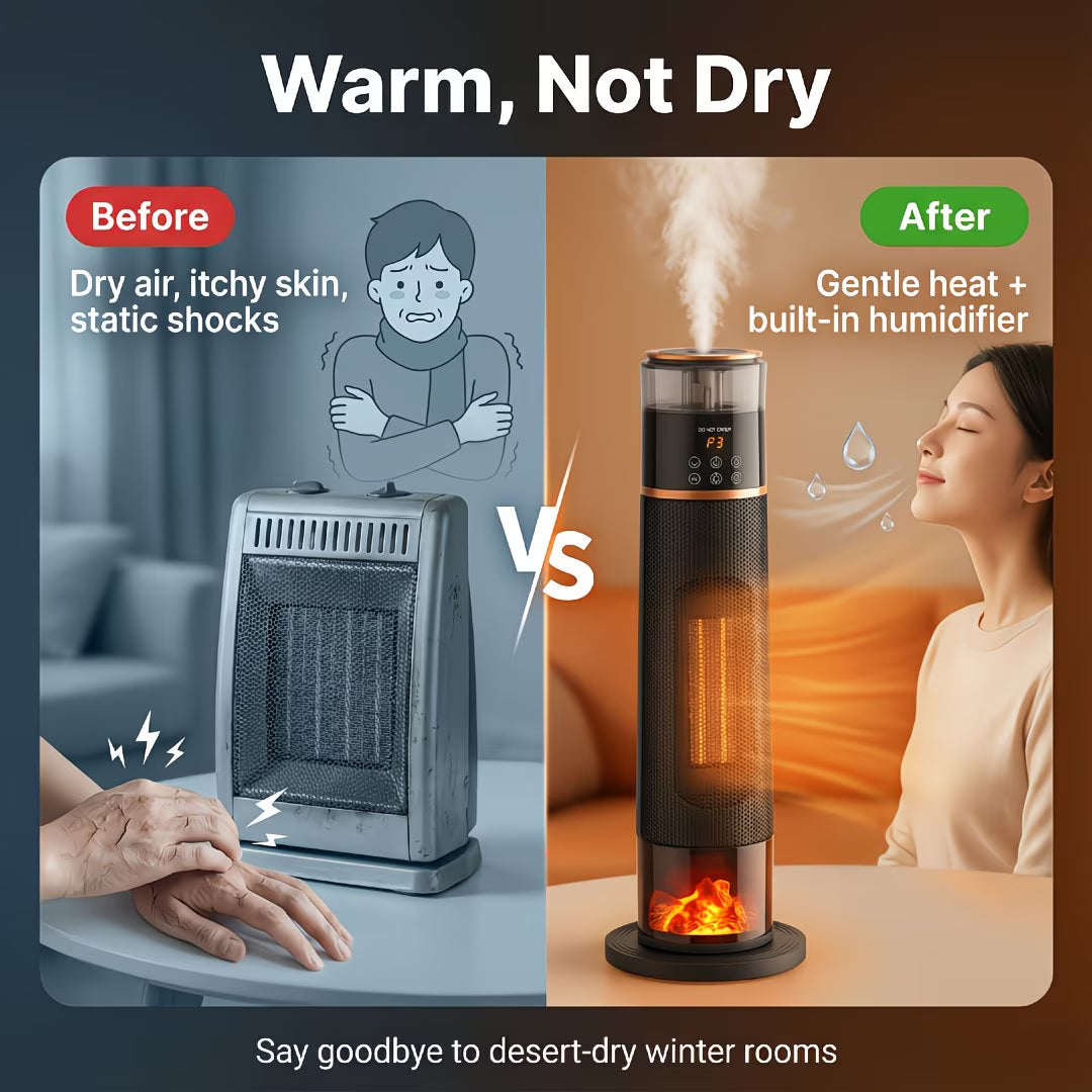 Comparison of a traditional heater causing dry air with a modern heater providing warm, humidified air.