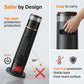Black portable heater with safety features and ease of use on a gray background