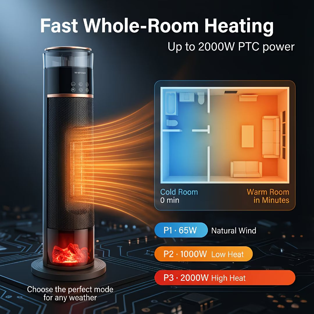 Heating device with PTC power technology and room heating illustration