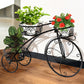 Black metal bicycle-shaped plant stand with three planters on a wooden floor.