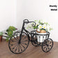 Decorative metal bicycle planter with flowers on a wooden floor
