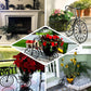 Collage of decorative planters with black metal bike designs in various settings.