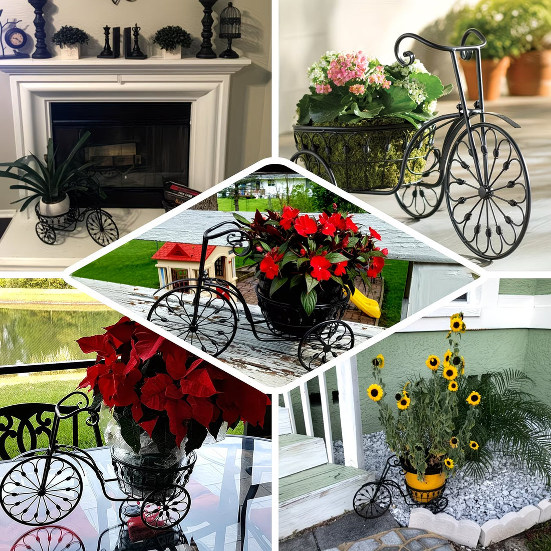Collage of decorative planters with black metal bike designs in various settings.
