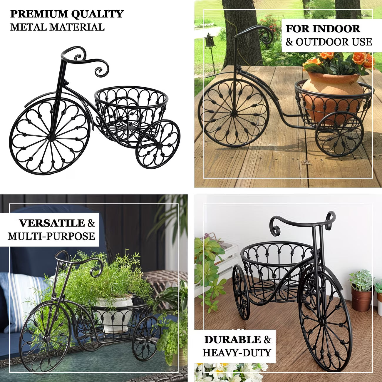Decorative metal bicycle planter with text highlighting features on a white background