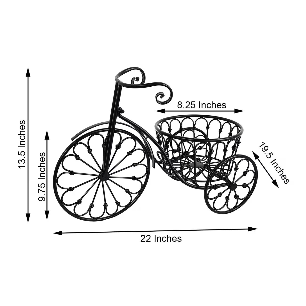 Dimensions of a decorative metal bicycle planter with baskets on a white background