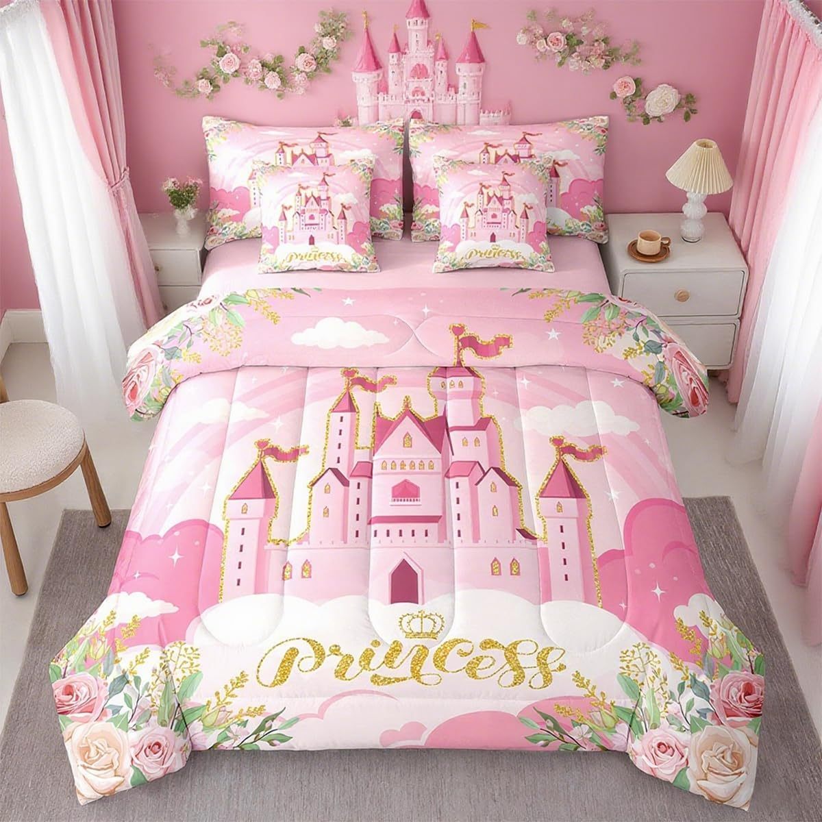 Pink castle-themed bedding set in a bedroom with matching decor.