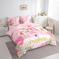 Pink 'princess' themed bedding set in a bedroom with floral patterns and castle design.