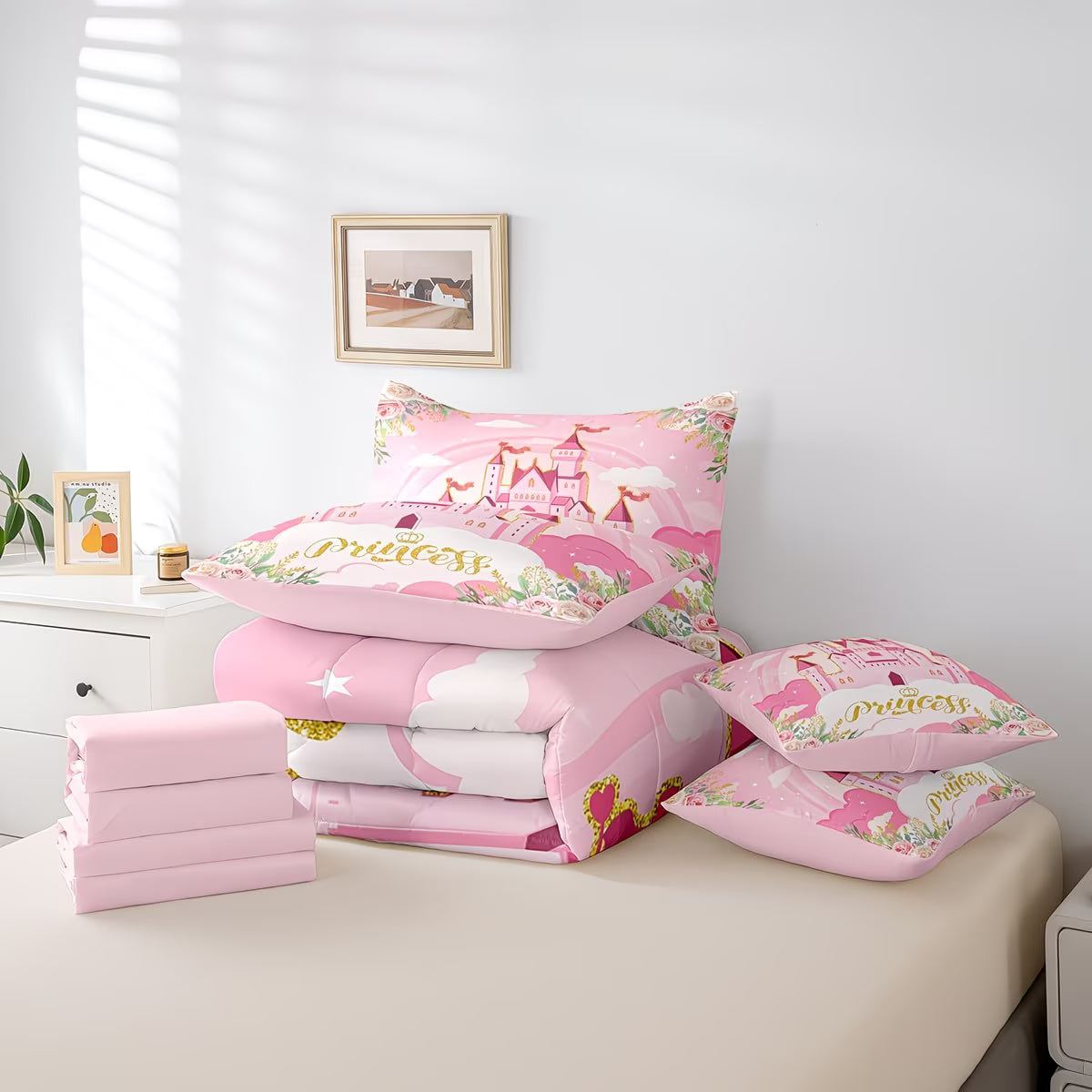 Pink princess-themed bedding set on a bed in a bedroom.