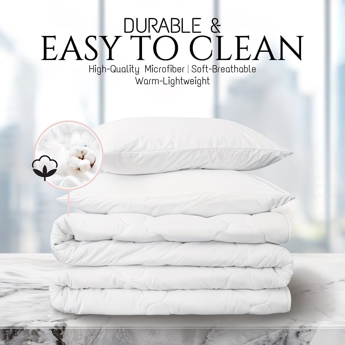 Stack of white bedding with text highlighting durability and ease of cleaning on a blurred background