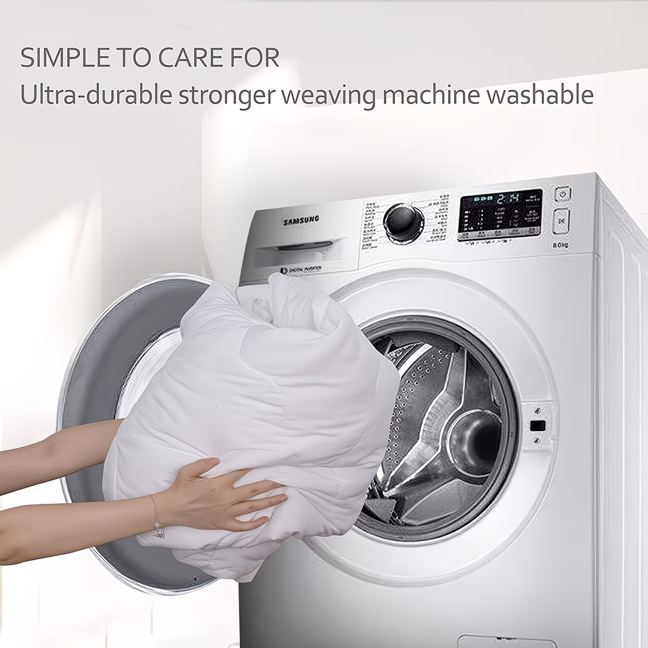 Person placing a pillowcase into a Samsung washing machine with text about machine washability.