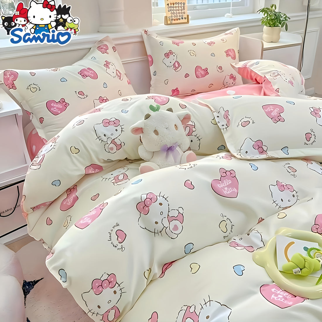 Hello Kitty themed bedding set on a bed with a window and plant in the background.