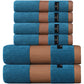 Stack of blue and brown towels with a visible brand logo on a white background