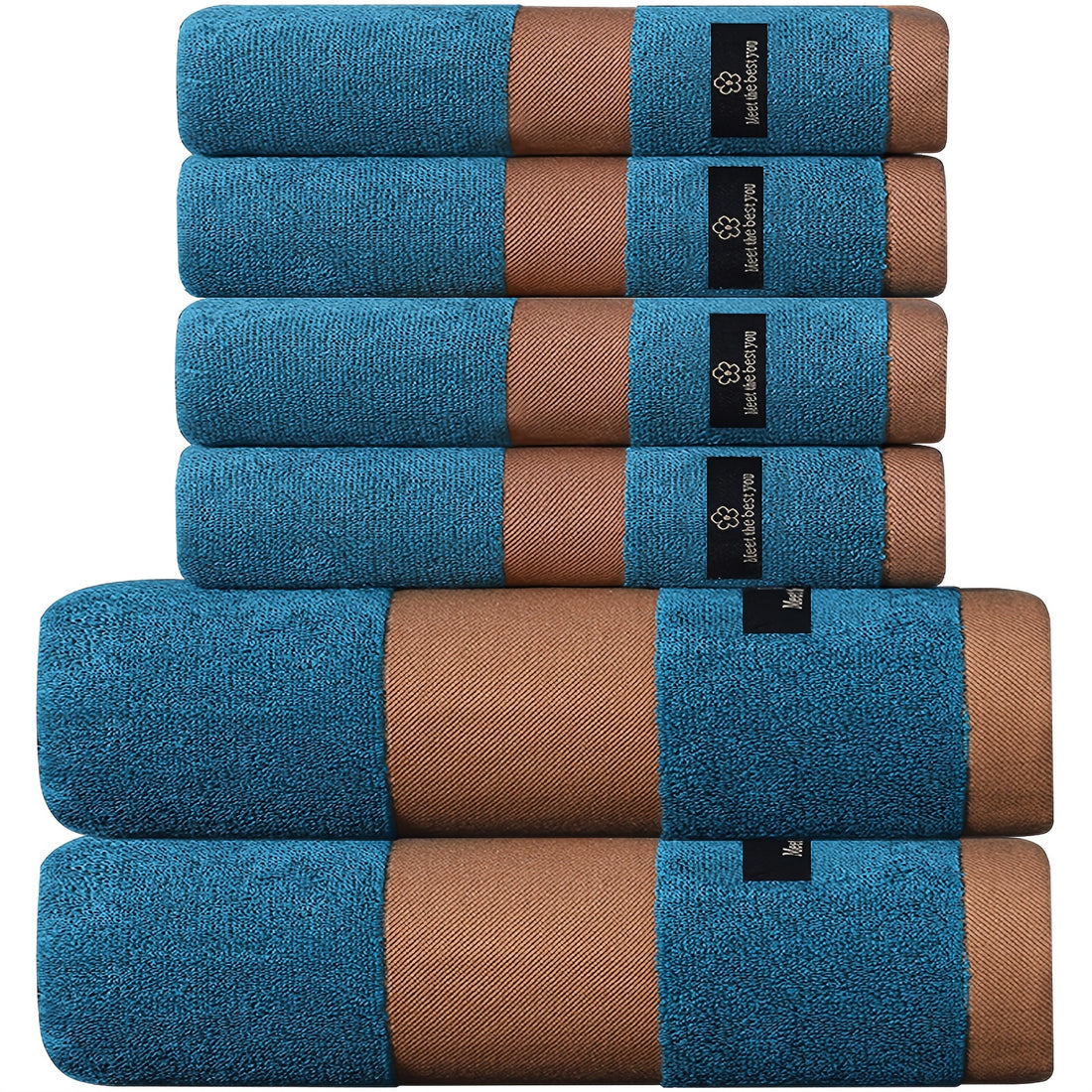 Stack of blue and brown towels with a visible brand logo on a white background