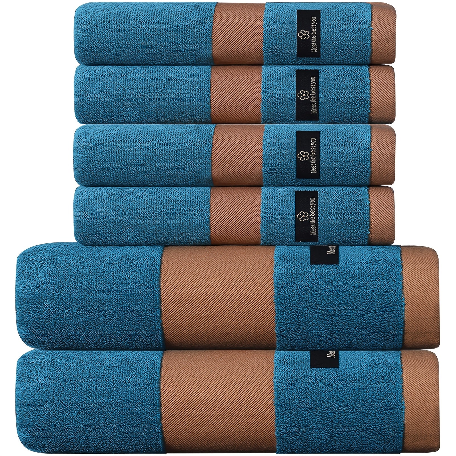 Stack of blue and brown towels with a visible brand logo on a white background