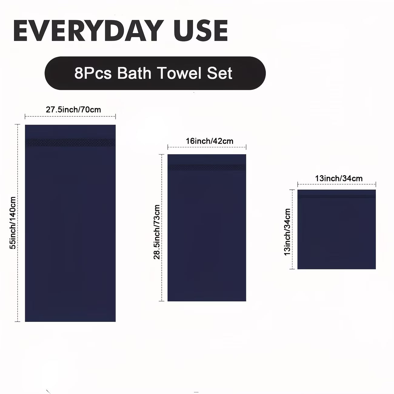 8-piece bath towel set with dimensions on a white background