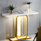 Modern interior design with a console table featuring yellow metal legs, gray sofa, and plants.