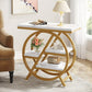 Decorative side table with marble top and gold circular base in a living room setting.