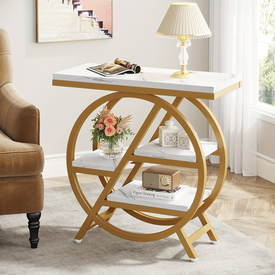 Decorative side table with marble top and gold circular base in a living room setting.