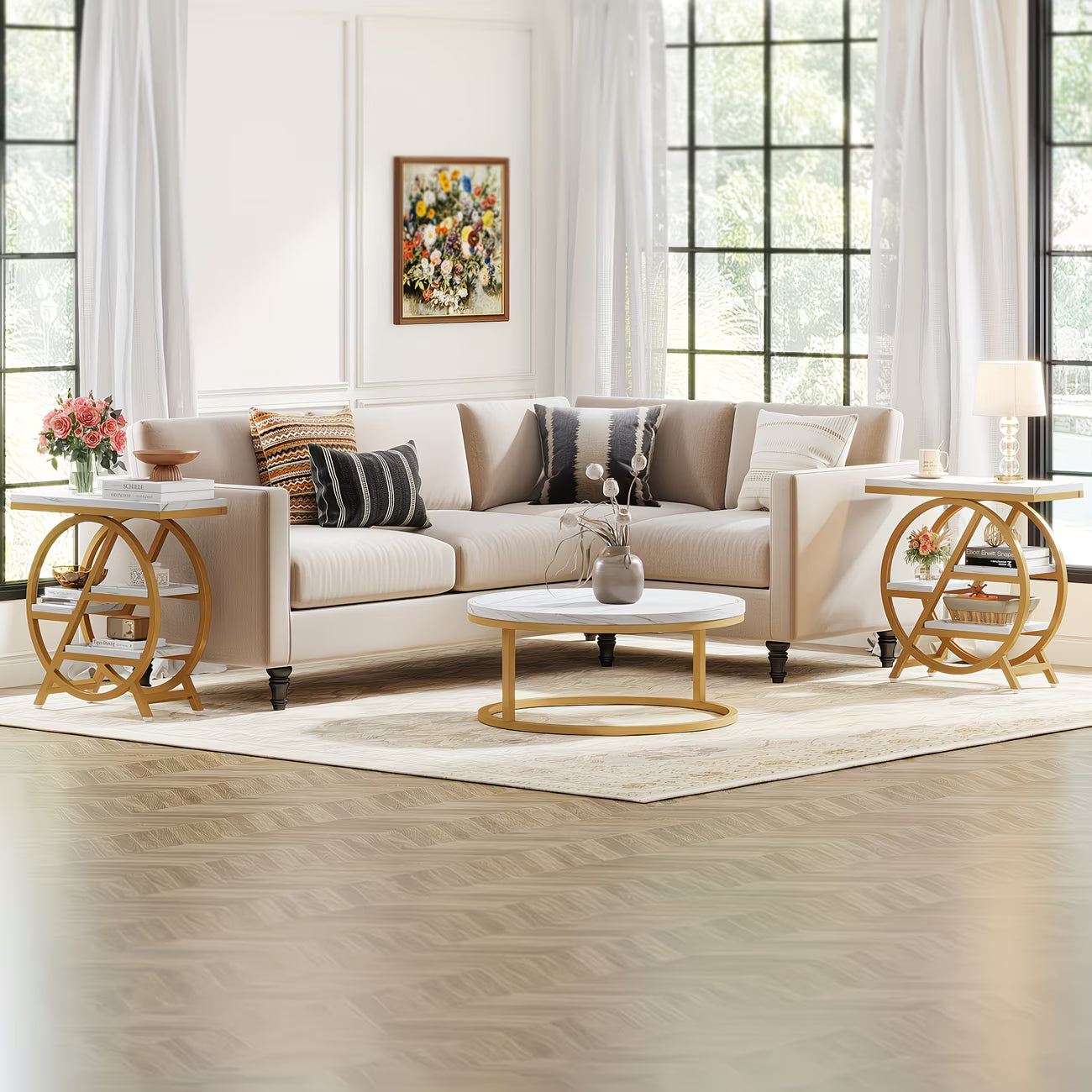 Living room with a beige sofa, coffee table, and decorative items.