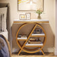 Round wooden side table with marble top in a bedroom setting
