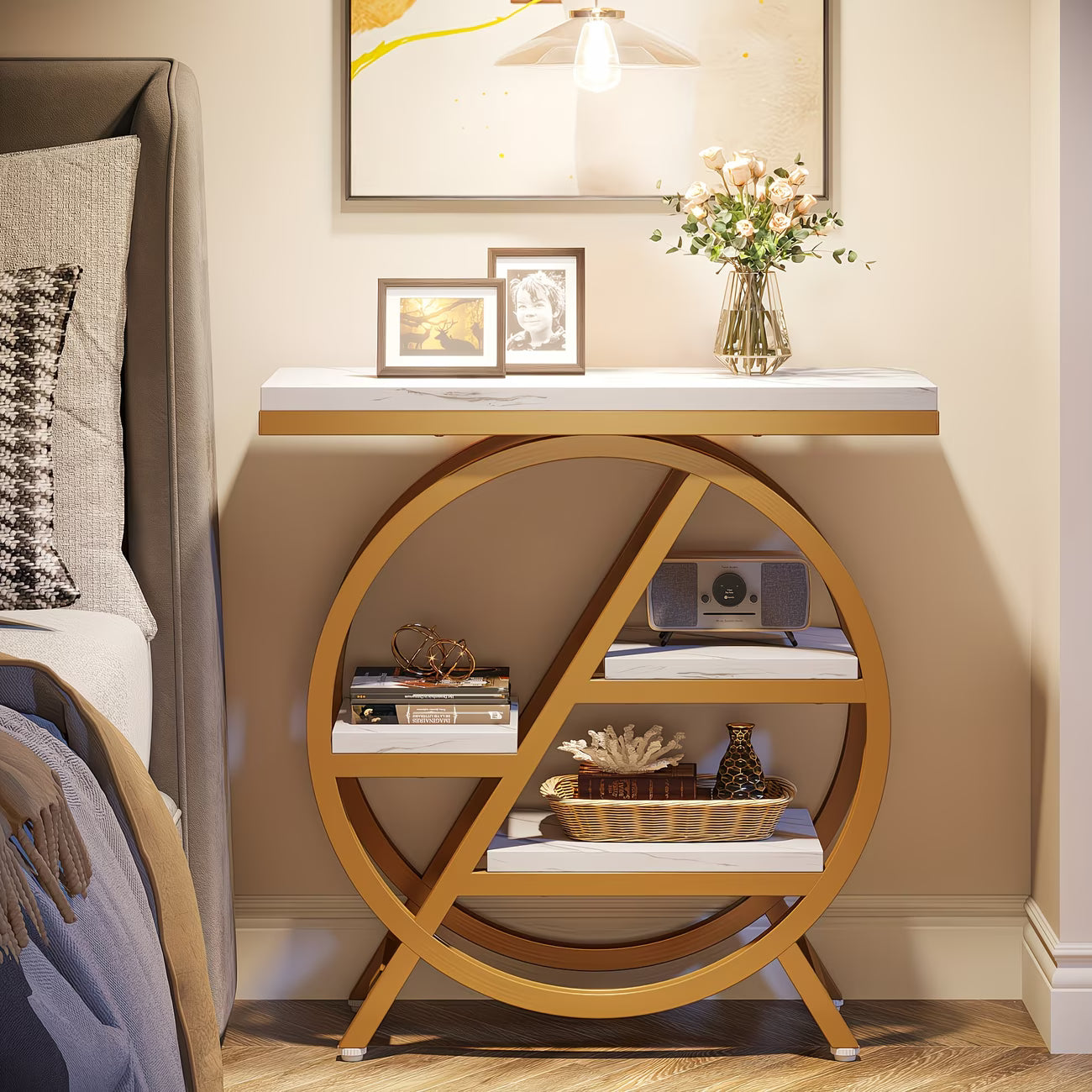 Round wooden side table with marble top in a bedroom setting
