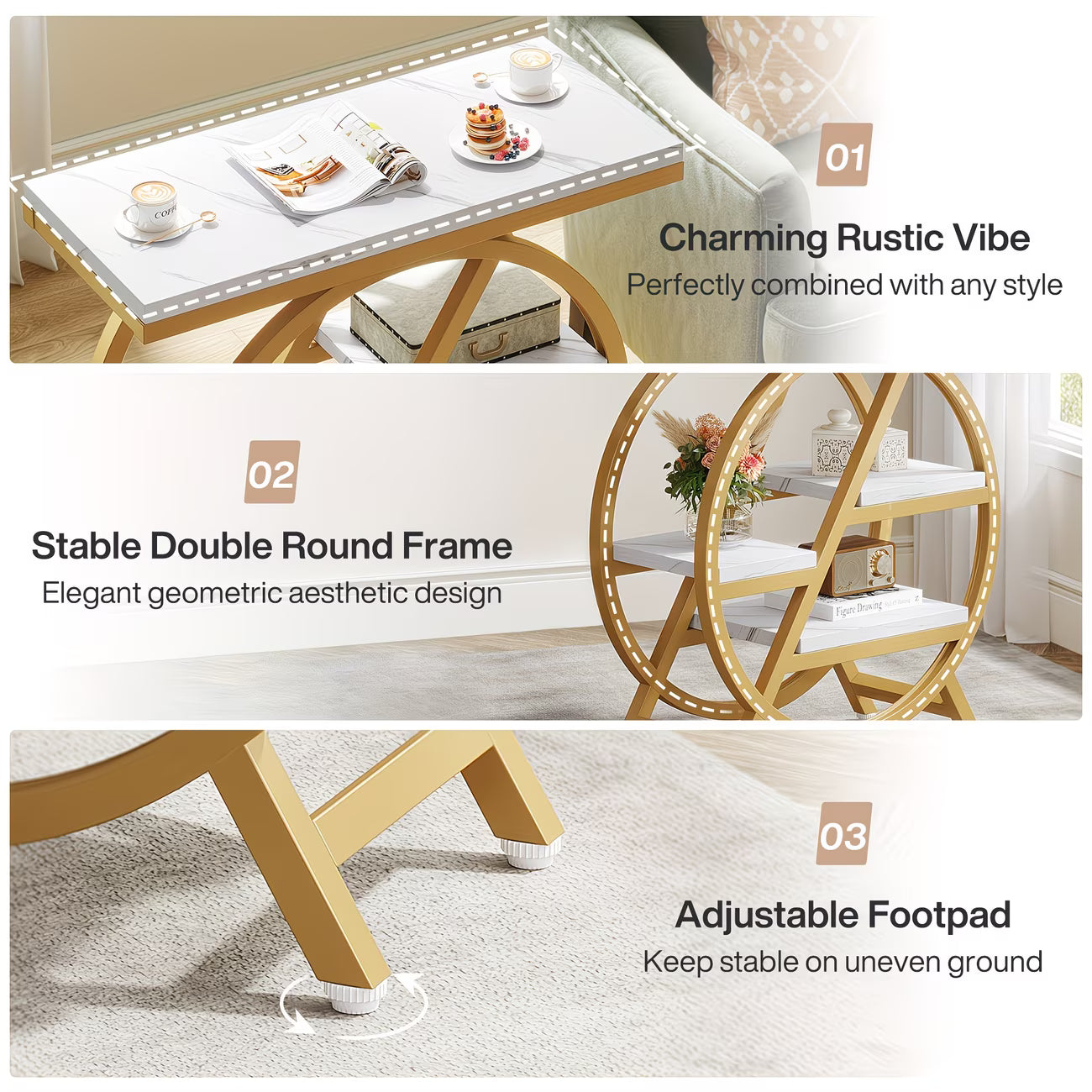 Coffee table with rustic design, stable double round frame, and adjustable footpad features.