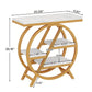 Wooden side table with white marble top and dimensions labeled