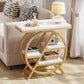 Round wooden side table with marble top in a living room setting