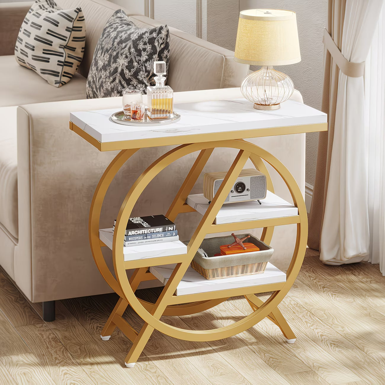 Round wooden side table with marble top in a living room setting