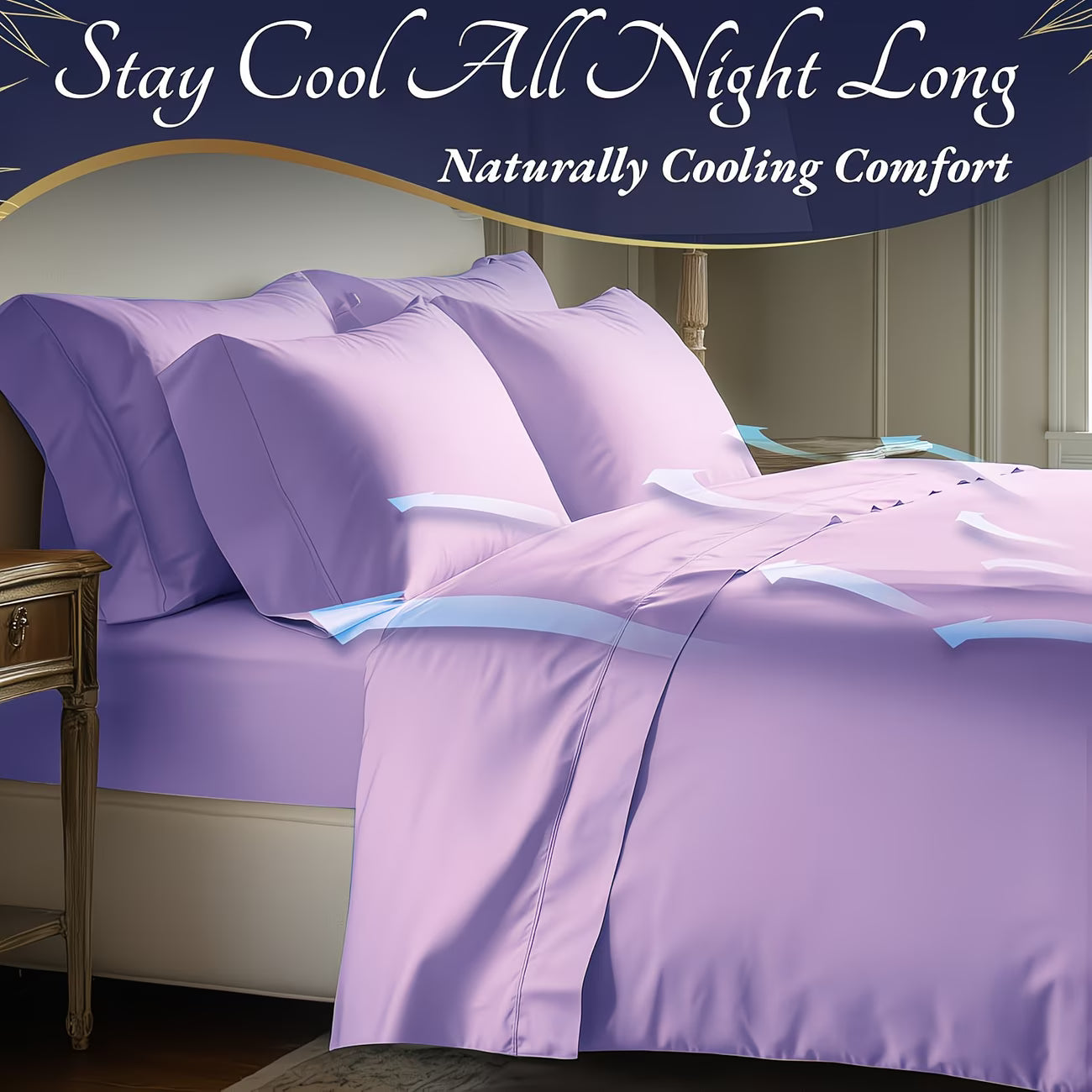 Purple bedding set with pillows on a bed in a bedroom, featuring text about cooling comfort.