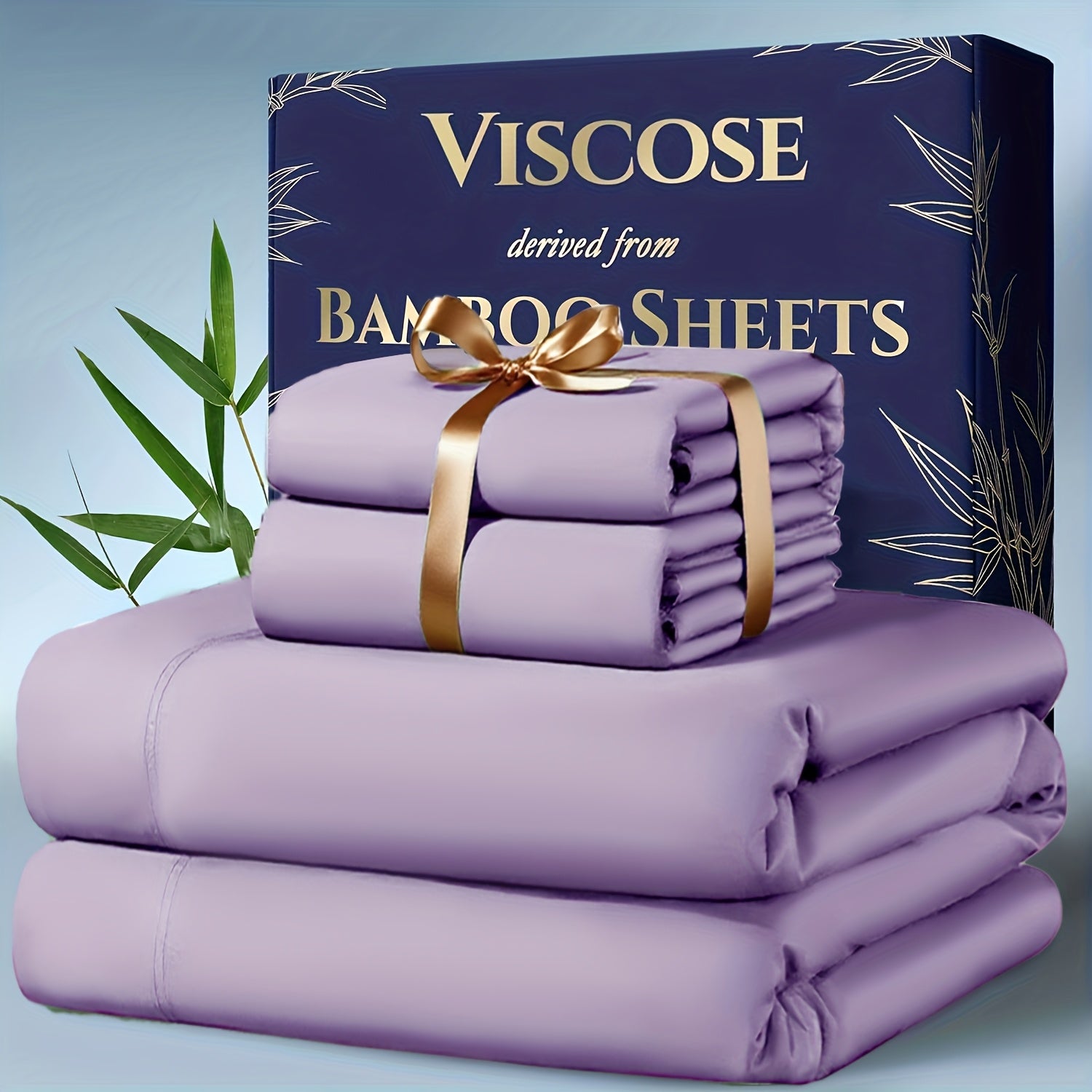Purple bamboo sheets with a decorative box labeled 'Viscose Derived from Bamboo Sheets' on a light blue background.