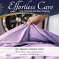 Purple fabric being held with text about 'Effortless Care' and 'Signature Bamboo Fabric'.