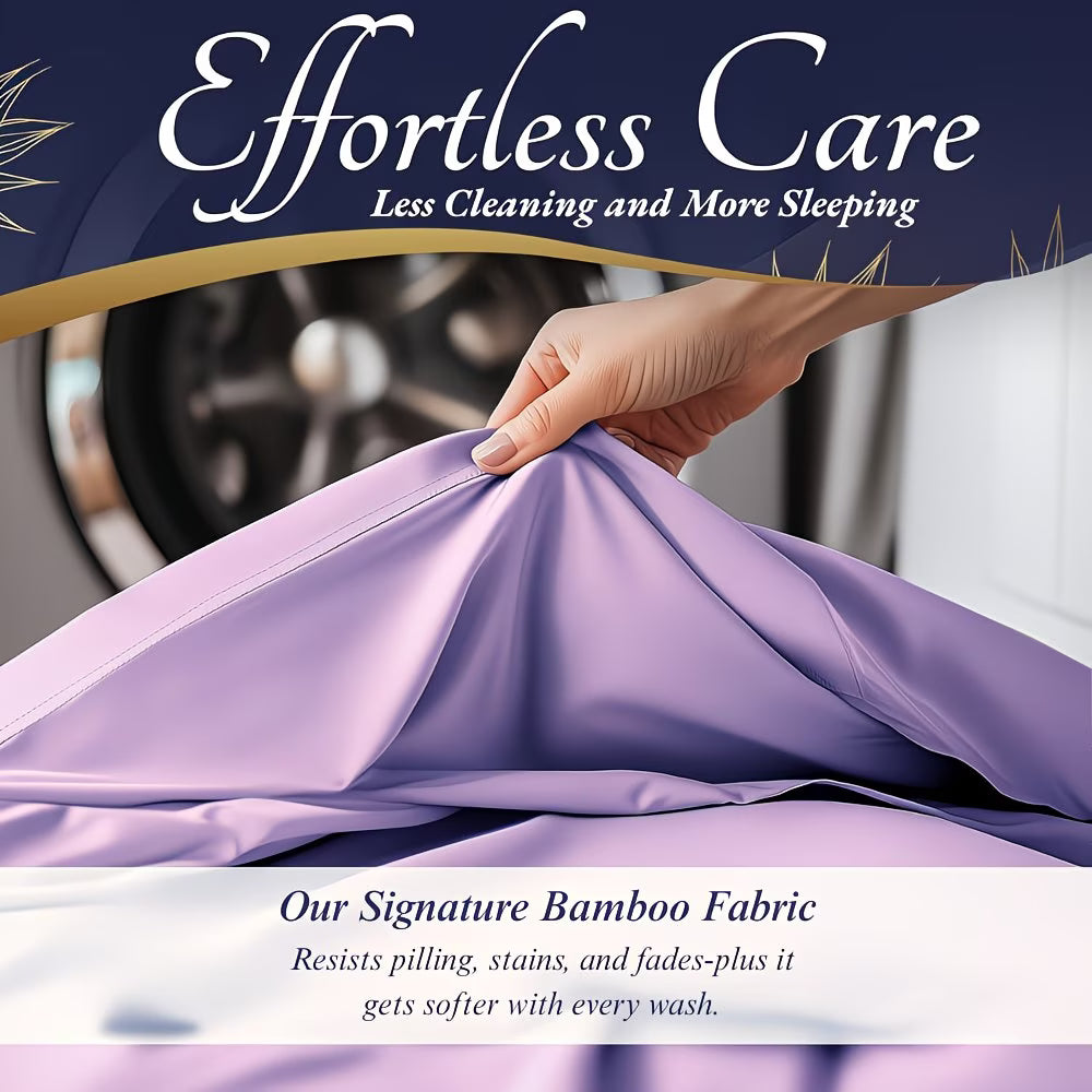 Purple fabric being held with text about 'Effortless Care' and 'Signature Bamboo Fabric'.