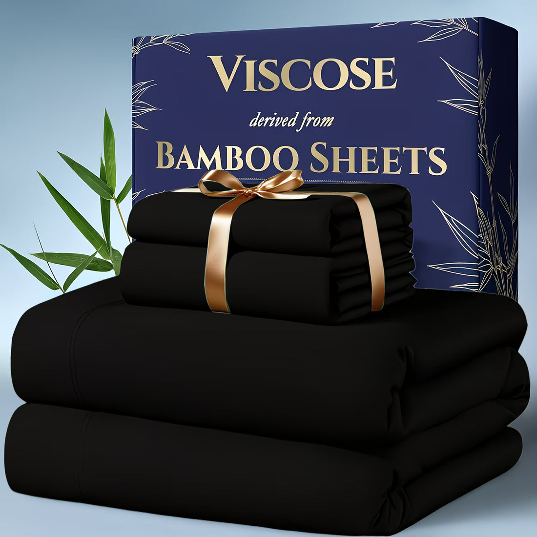 Black viscose bamboo sheets with a decorative box on a light blue background