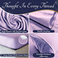 Collage of purple bedding with text highlighting features like high density thread count and double stitching.